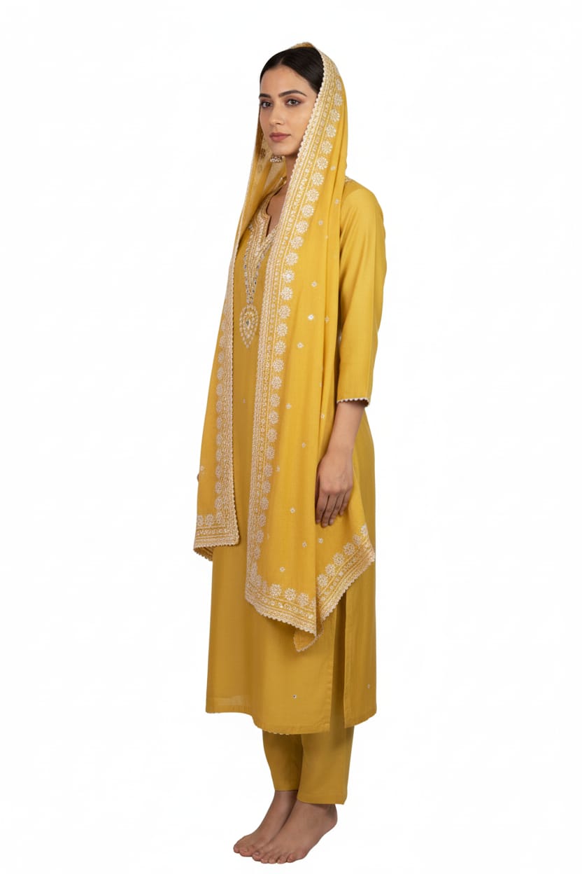 Silakaari Women's V Style Pearl Heavy Embroidered Pure Dola Silk Kurti Pant Dupatta Set