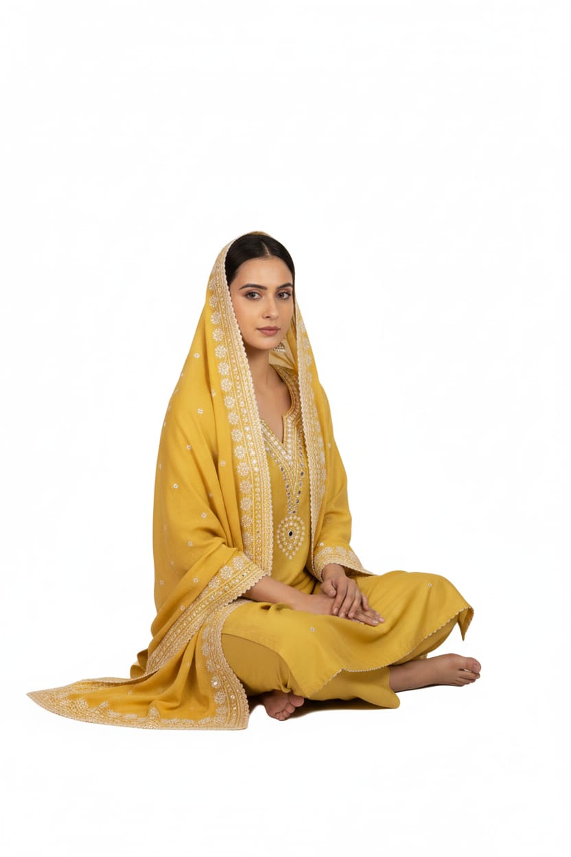 Silakaari Women's V Style Pearl Heavy Embroidered Pure Dola Silk Kurti Pant Dupatta Set