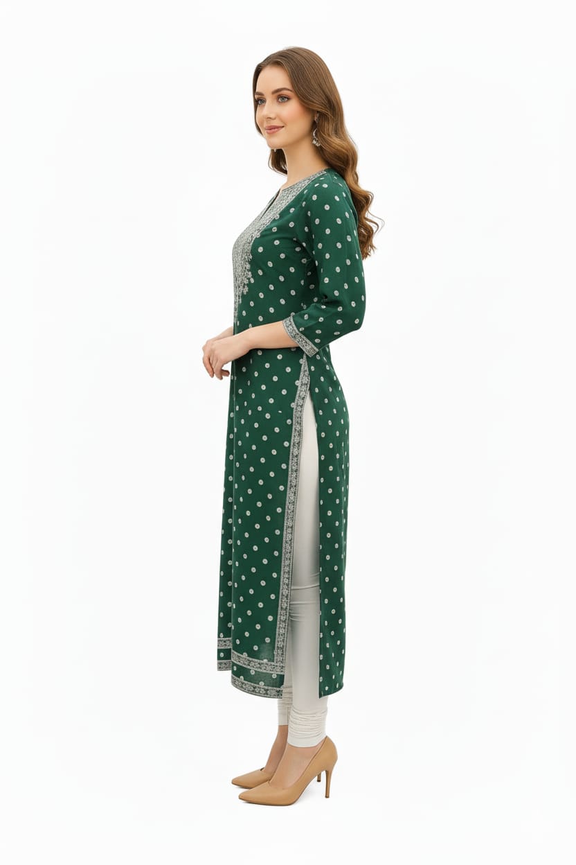 Silakaari Fariha Heavy Green Printed Mirror Work Full Length Aline Kurti