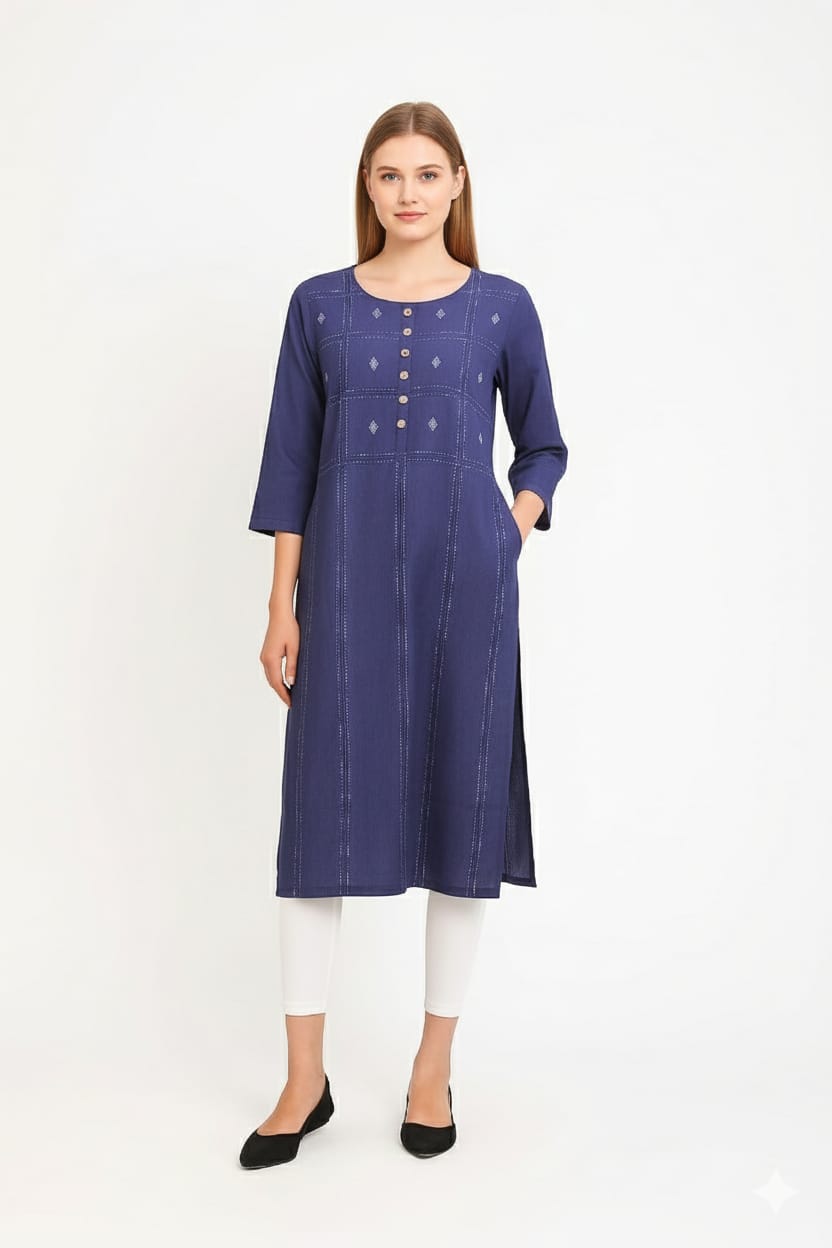 Silakaari Noora Printed Button Stylish Soft Denim Long Kurti