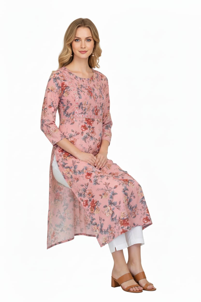 Silakaari Adeela Digital Printed Mirror Smocking Straight Long Kurti