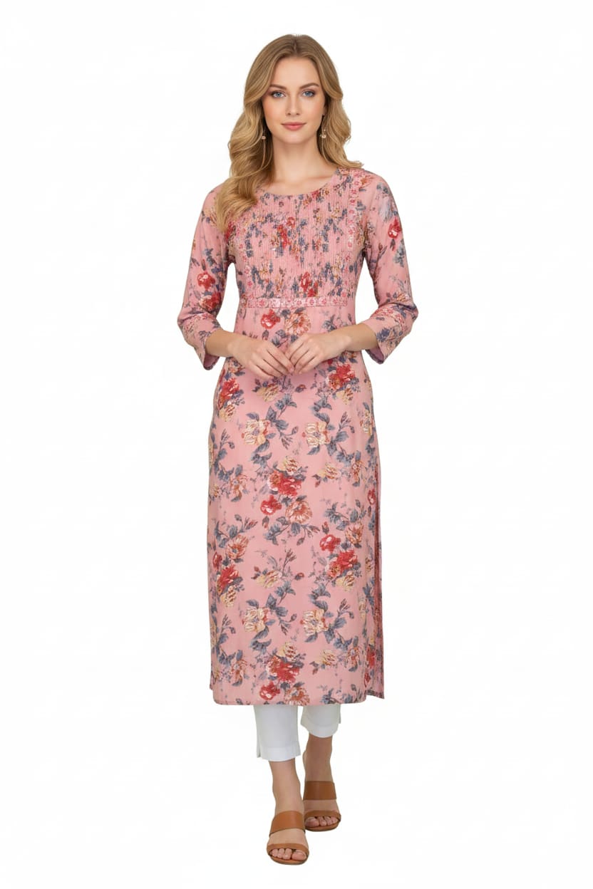 Silakaari Adeela Digital Printed Mirror Smocking Straight Long Kurti