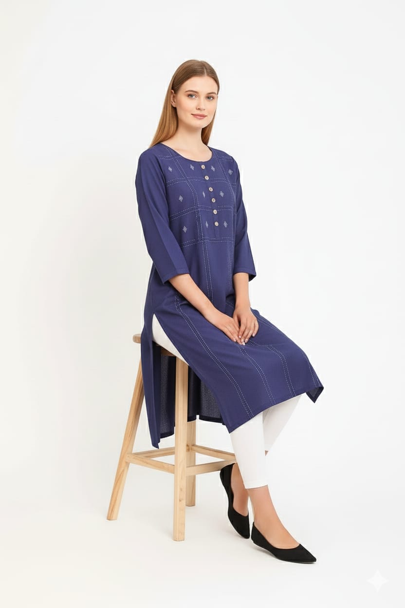Silakaari Noora Printed Button Stylish Soft Denim Long Kurti