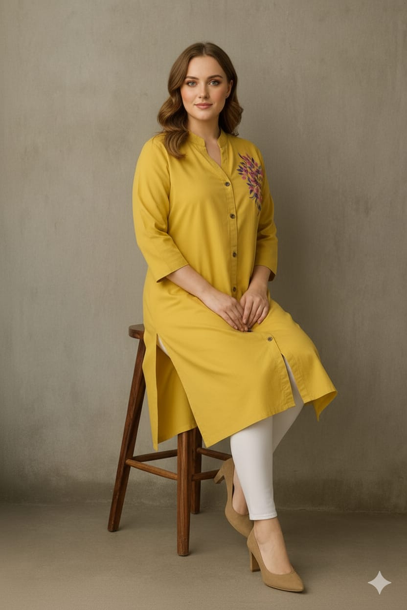 Silakaari Sonia Yellow Rayon Embroidery Long Kurti