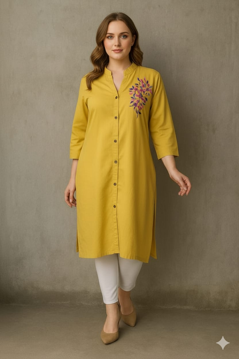 Silakaari Sonia Yellow Rayon Embroidery Long Kurti