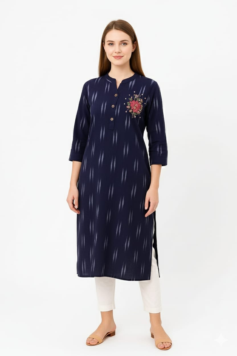 Silakaari Yalina Navy Blue Printed Hand Embroidery Long Kurti