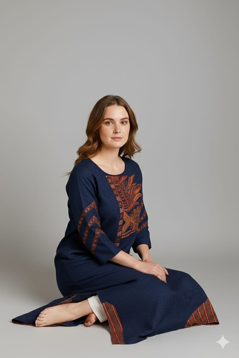 Silakaari Rahma Navy blue Embroidered Extra Long Rayon kurti