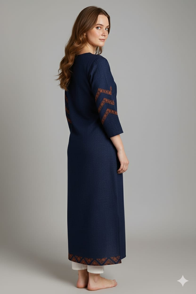 Silakaari Rahma Navy blue Embroidered Extra Long Rayon kurti