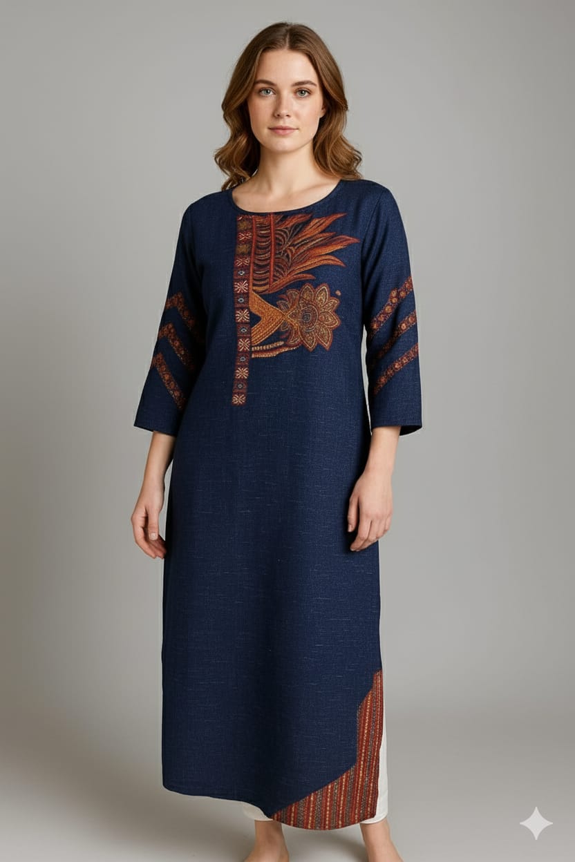 Silakaari Rahma Navy blue Embroidered Extra Long Rayon kurti