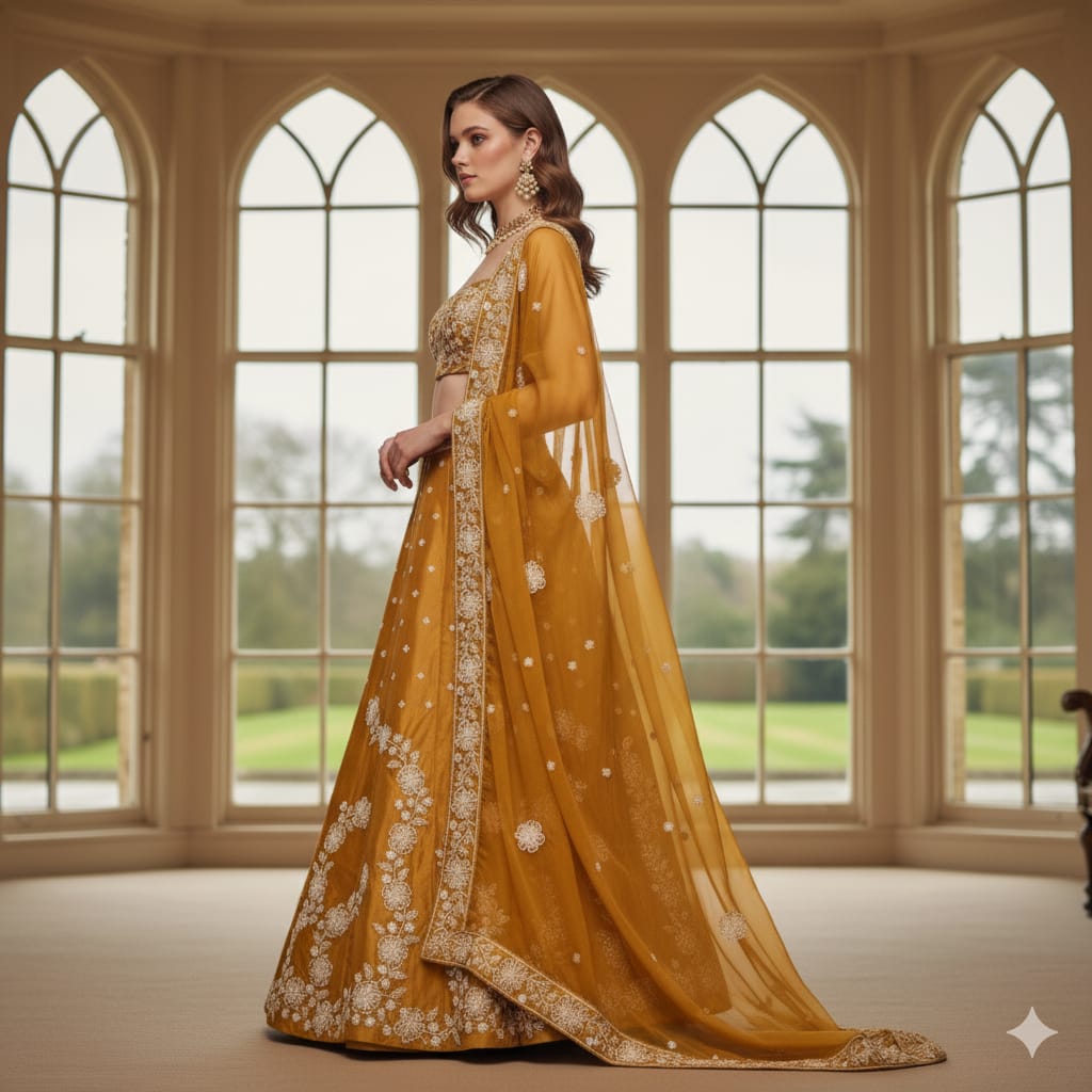 Silakaari Mustard Fancy Floral Sequin Heavy Parywear Unstitched Lehenga Sharara Set