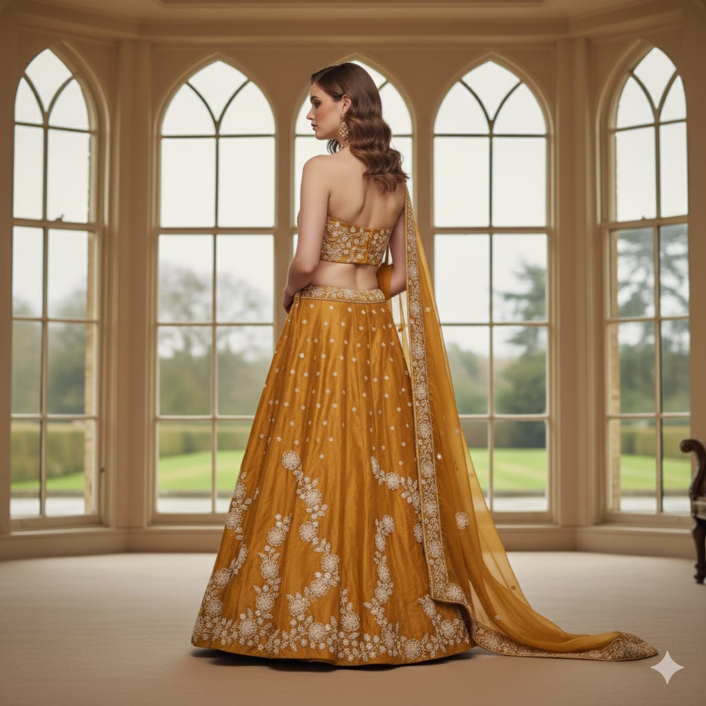 Silakaari Mustard Fancy Floral Sequin Heavy Parywear Unstitched Lehenga Sharara Set