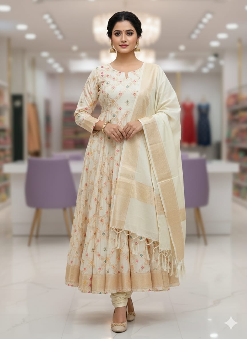 Silakaari Rimsha Off White Floral Woven Ethnic Banarasi Unstitched Dress Material
