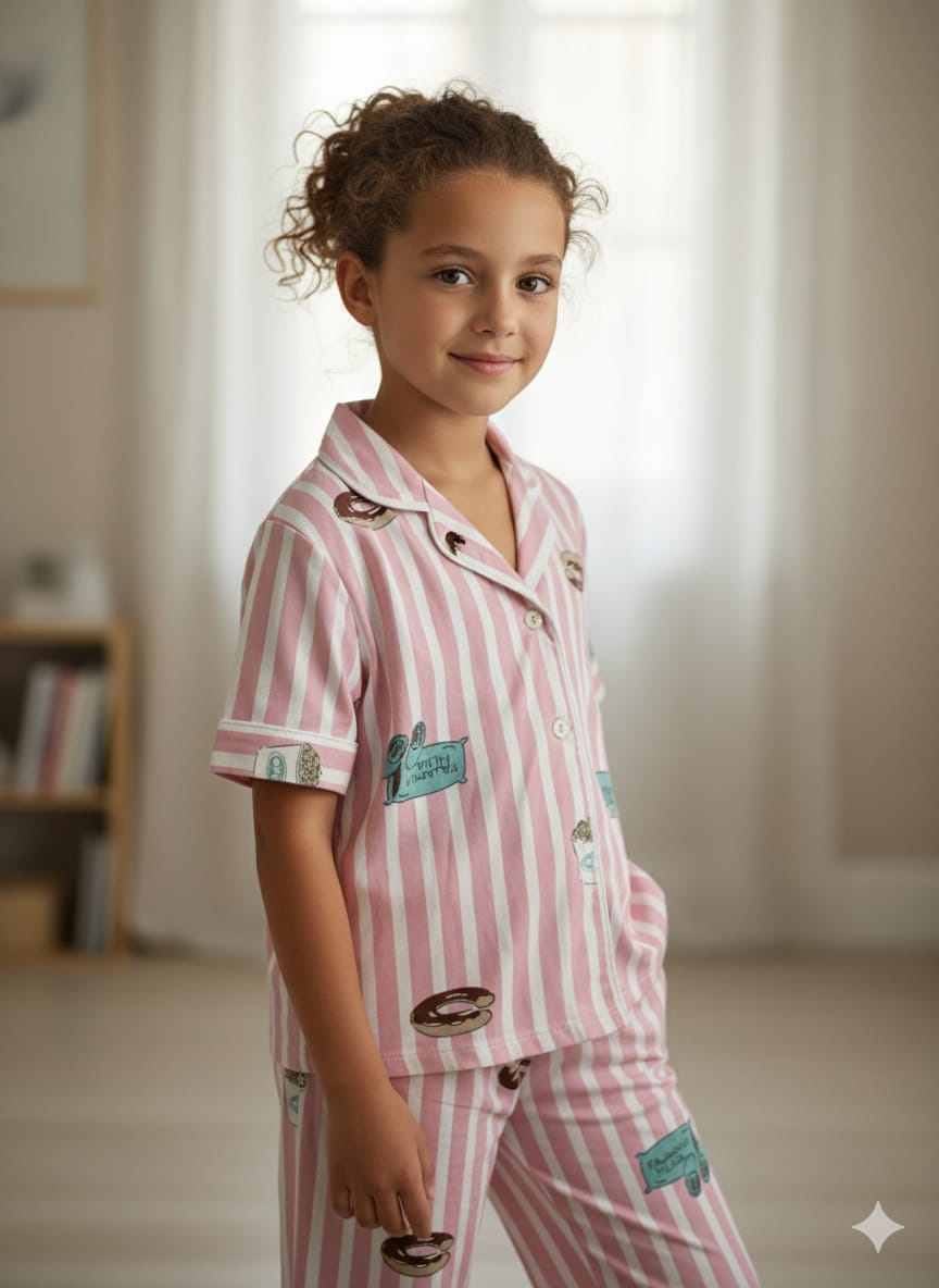 Silakaari Kids Pink Casual Printed Night Dress For Girls