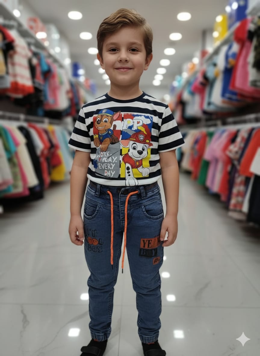 Silakaari Kids Black & White Striped Puppy Print Casual T-Shirt For Boys