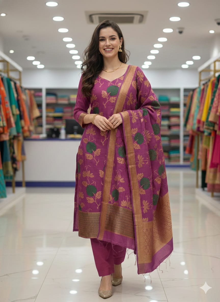 Silakaari Tahira Floral Purple Zari Woven Banarasi Unstich Dress Material