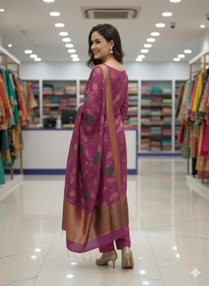 Silakaari Tahira Floral Purple Zari Woven Banarasi Unstich Dress Material