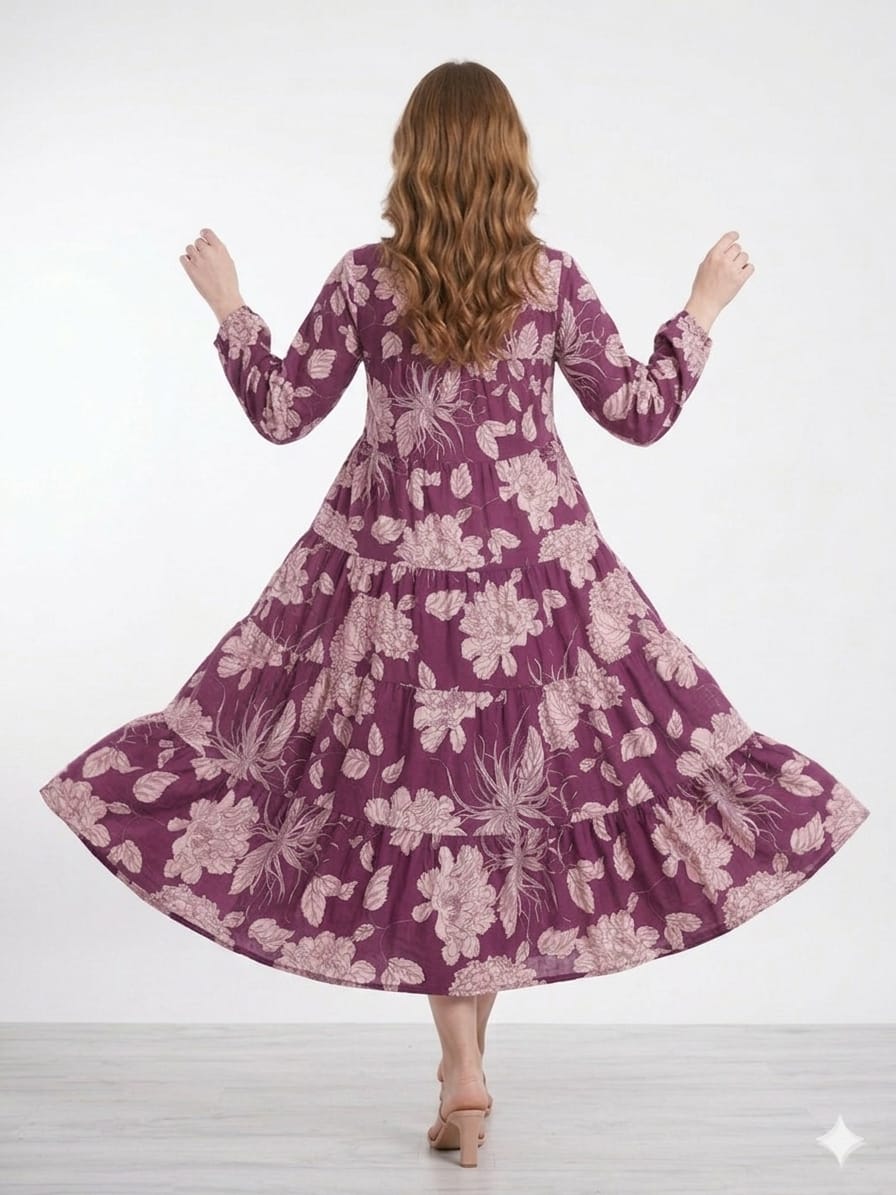 Silakaari Daania Floral Printed Flared Layered Long Kurta with Long Sleeves