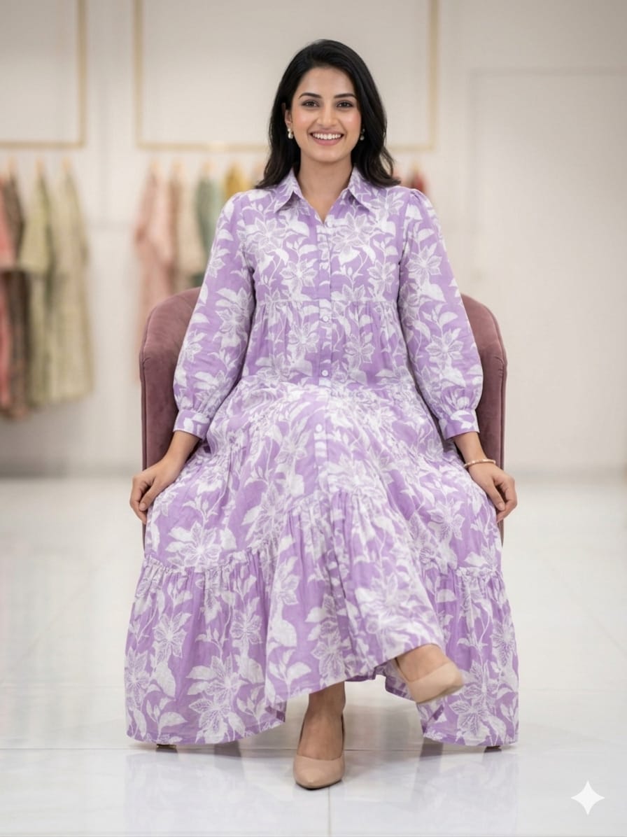 Silakaari Lavender Floral Printed Layered Dress for Women