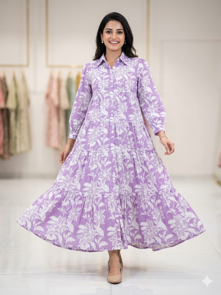Silakaari Lavender Floral Printed Layered Dress for Women