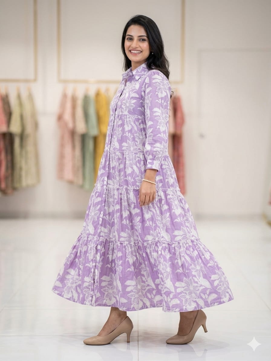 Silakaari Lavender Floral Printed Layered Dress for Women