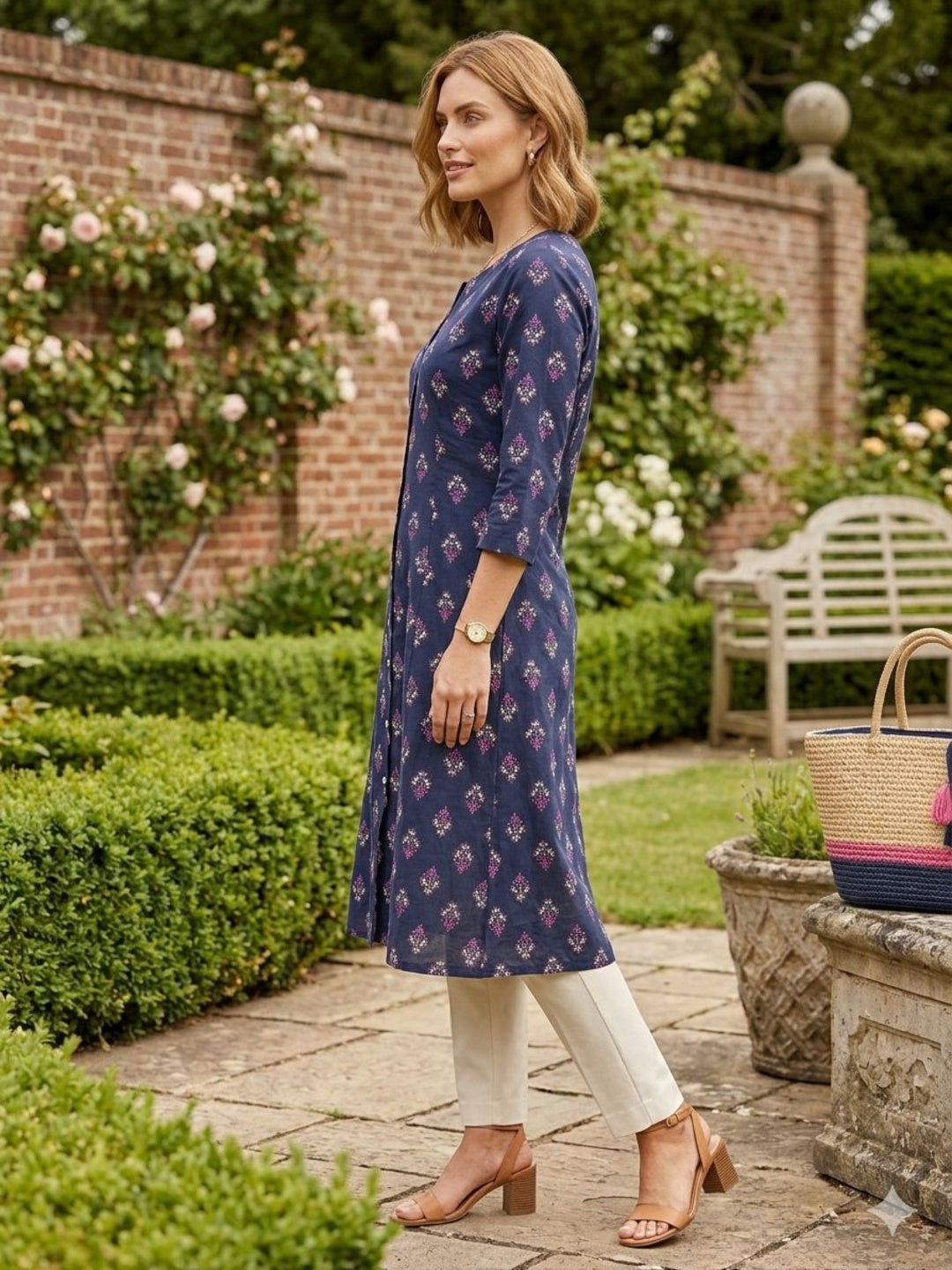 Silakaari Sara Navy Blue Printed Cotton A-Line Kurti