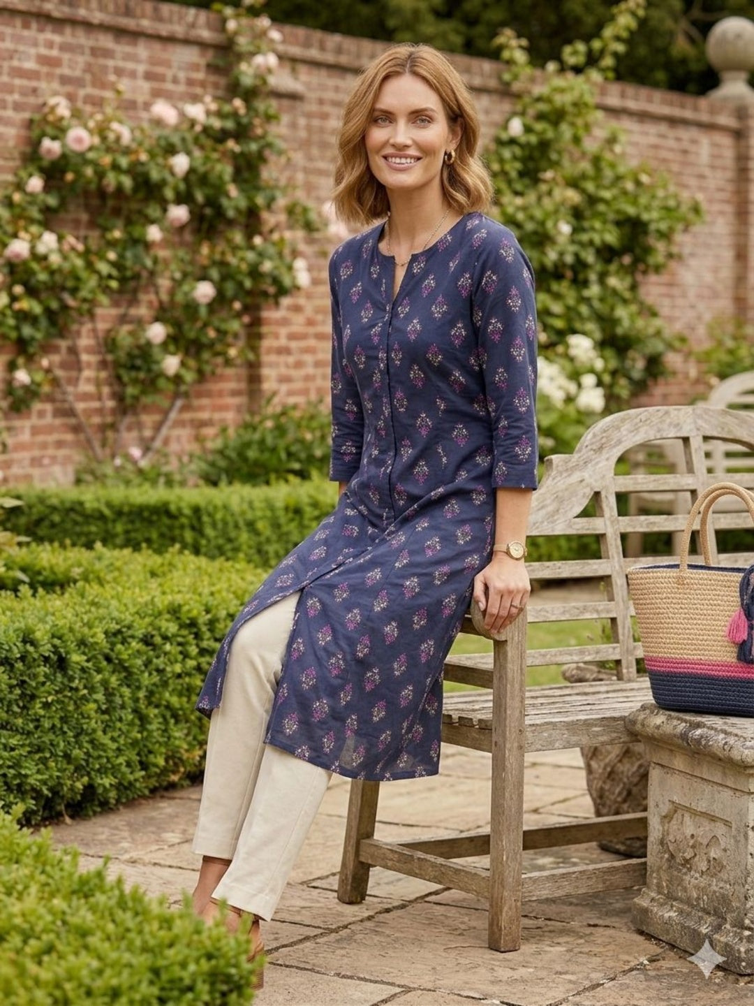 Silakaari Sara Navy Blue Printed Cotton A-Line Kurti