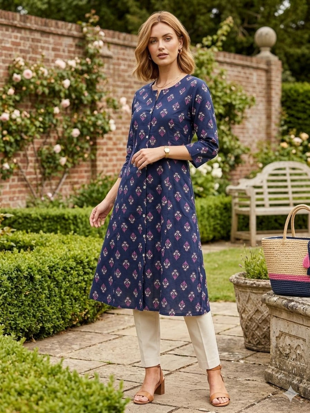 Silakaari Sara Navy Blue Printed Cotton A-Line Kurti