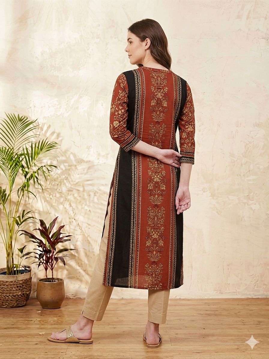 Silakaari Nawal Printed A-Line Kurti Ethnic Floral With Border Print
