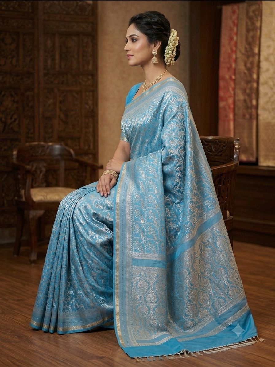 Silakaari Elina Banarasi Zari Woven Pure Silk Premium Saree – Elegant Blue Designer Saree with Rich Floral Weave