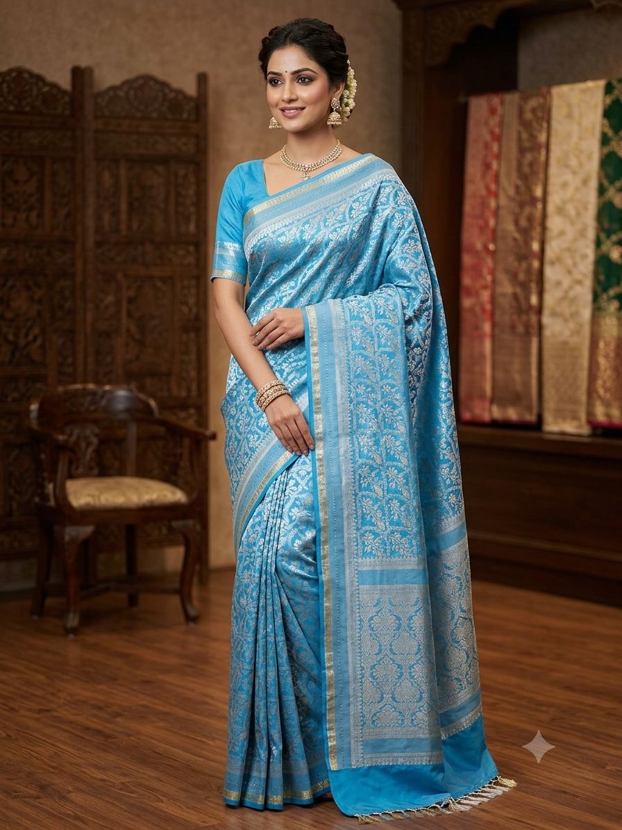 Silakaari Elina Banarasi Zari Woven Pure Silk Premium Saree – Elegant Blue Designer Saree with Rich Floral Weave