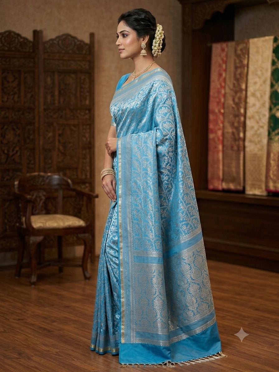 Silakaari Elina Banarasi Zari Woven Pure Silk Premium Saree – Elegant Blue Designer Saree with Rich Floral Weave