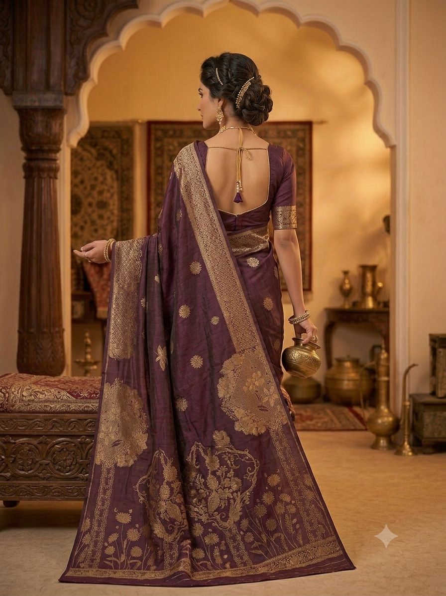 Silakaari Hiya Banarasi Pure Silk Premium Saree – Rich Wine Purple Saree with Intricate Golden Zari Woven Design