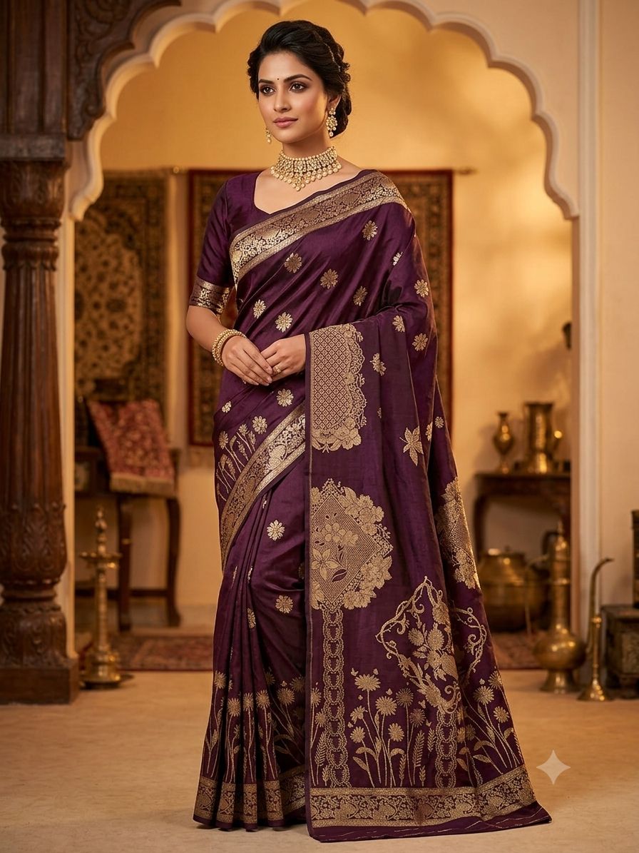 Silakaari Hiya Banarasi Pure Silk Premium Saree – Rich Wine Purple Saree with Intricate Golden Zari Woven Design