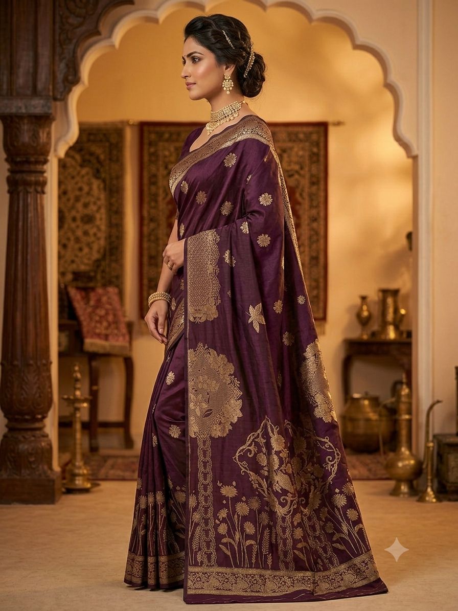 Silakaari Hiya Banarasi Pure Silk Premium Saree – Rich Wine Purple Saree with Intricate Golden Zari Woven Design