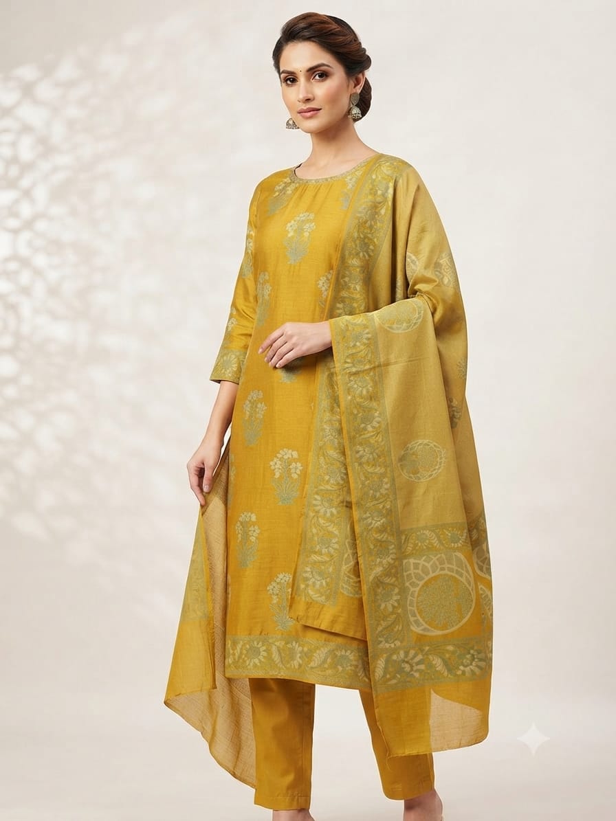 Silakaari Azra Mustard Yellow Unstitched Dress Material for Women | Premium Floral Printed Suit Material with Dupatta