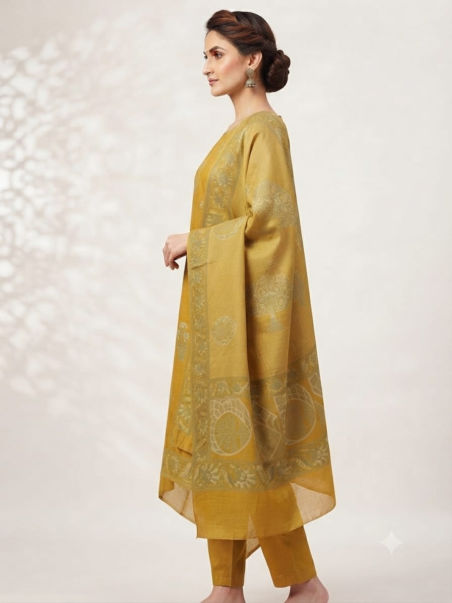 Silakaari Azra Mustard Yellow Unstitched Dress Material for Women | Premium Floral Printed Suit Material with Dupatta