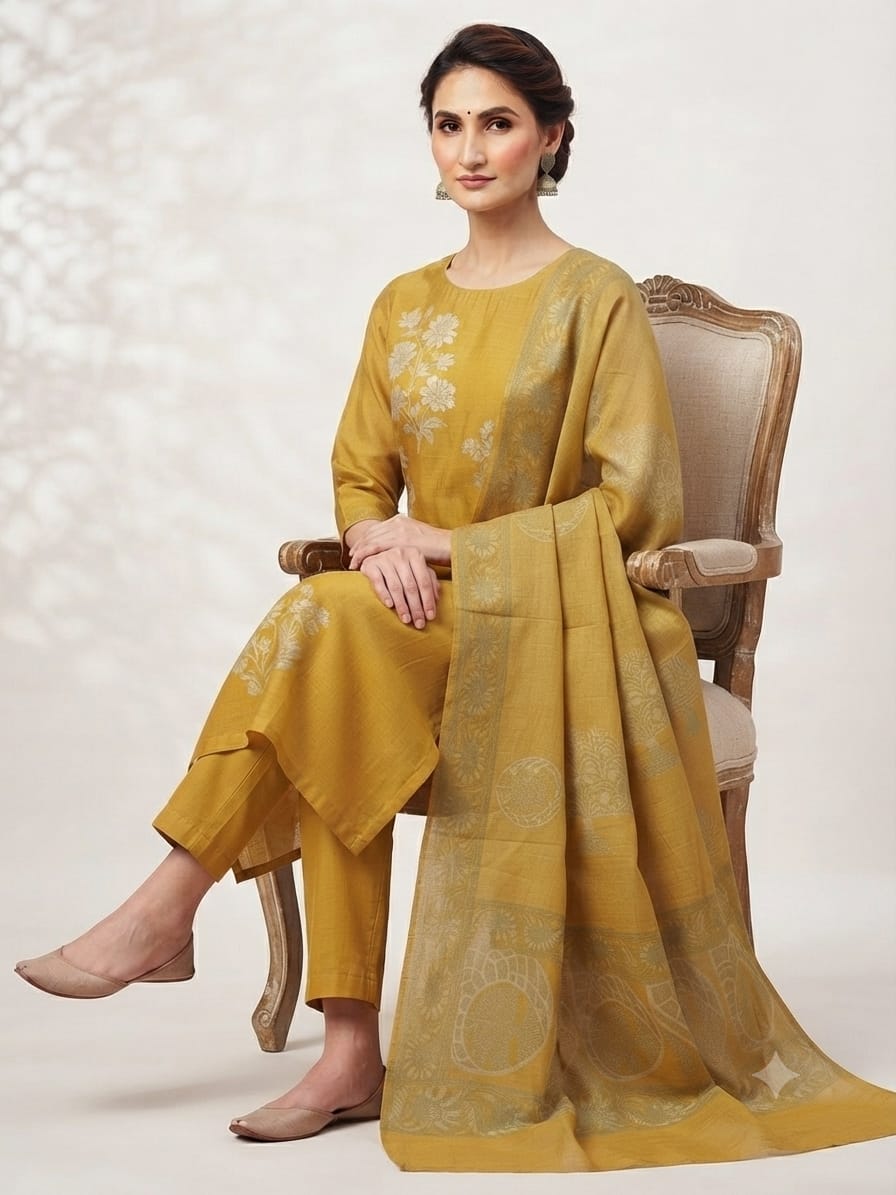 Silakaari Azra Mustard Yellow Unstitched Dress Material for Women | Premium Floral Printed Suit Material with Dupatta