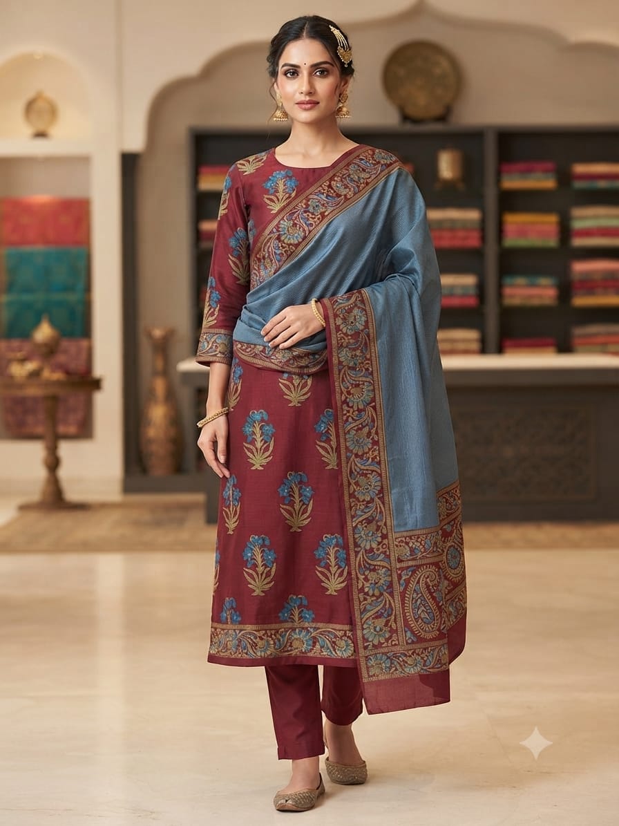 Silakaari Eda Unstitched Dress Material for Women | Ethnic Floral Printed Suit Fabric with Dupatta