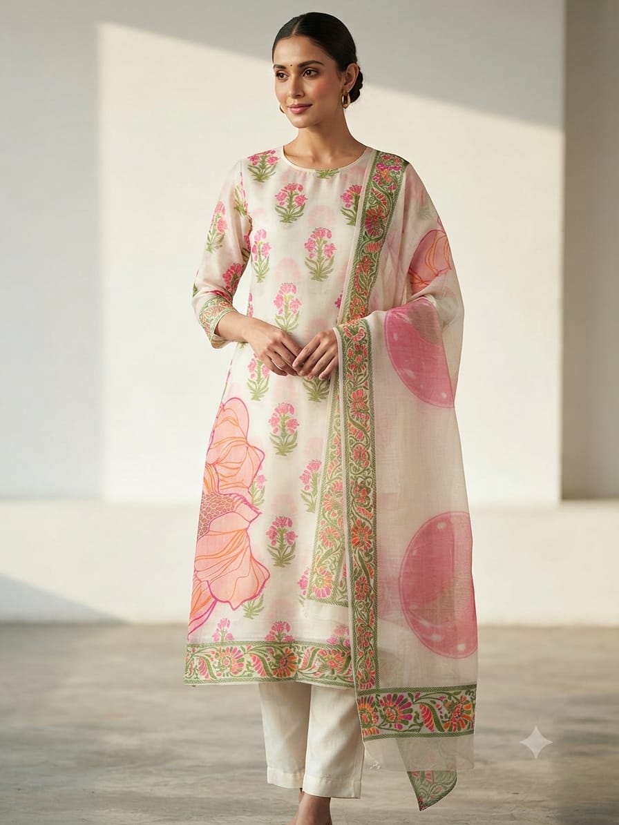 Silakaari Zeynep Banarasi Cotton Silk Unstitched Dress Material for Women | Floral Zari Suit Material with Dupatta