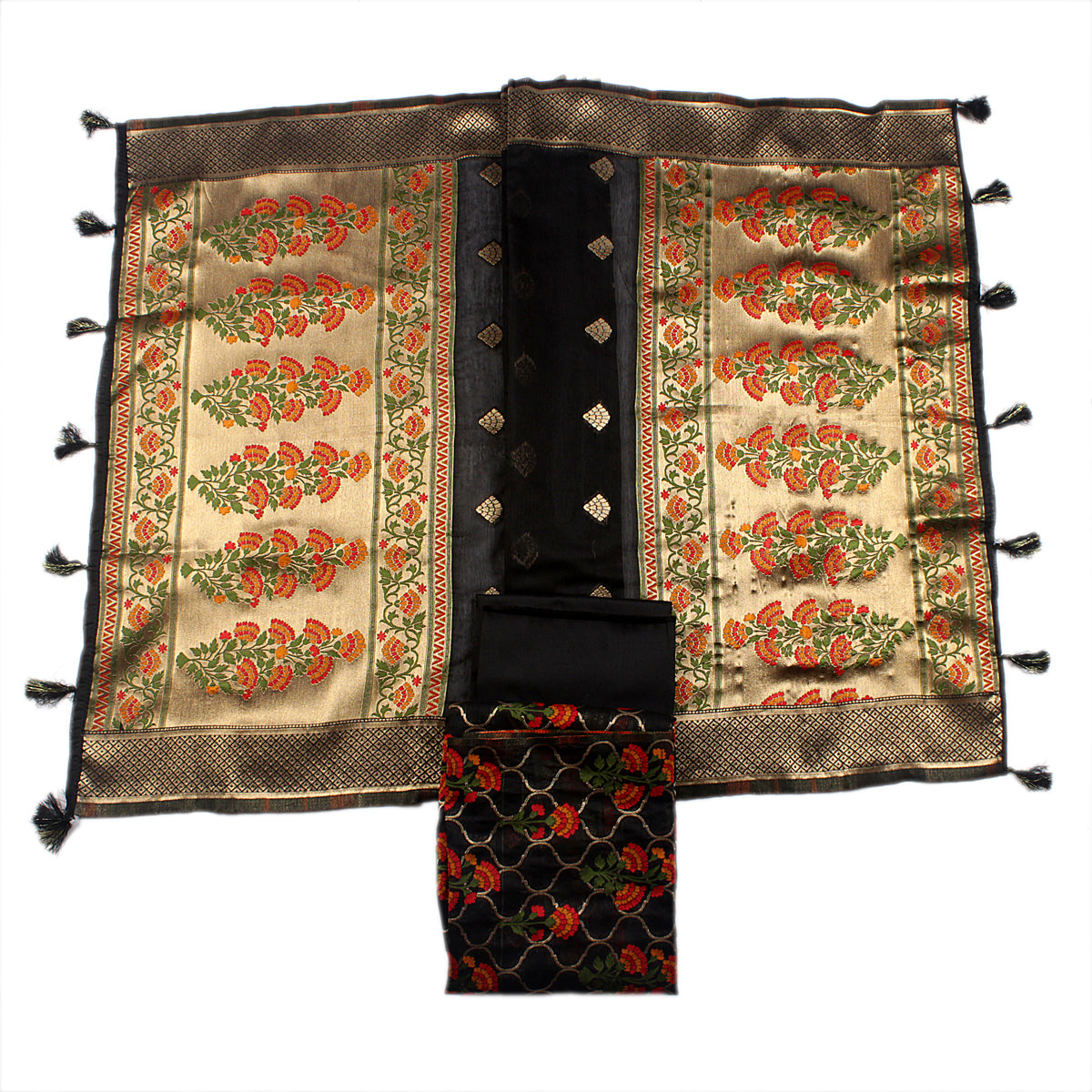 Silakaari Women's Black Zari Work Designer Banarasi Unstitched Dress Material