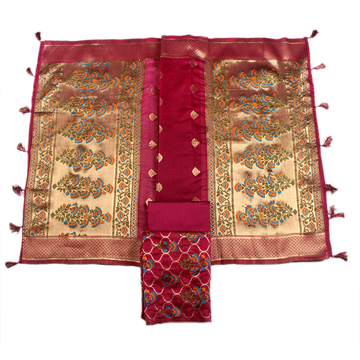 Silakaari Women's Maroon Zari Work Designer Banarasi Unstitched Dress Material