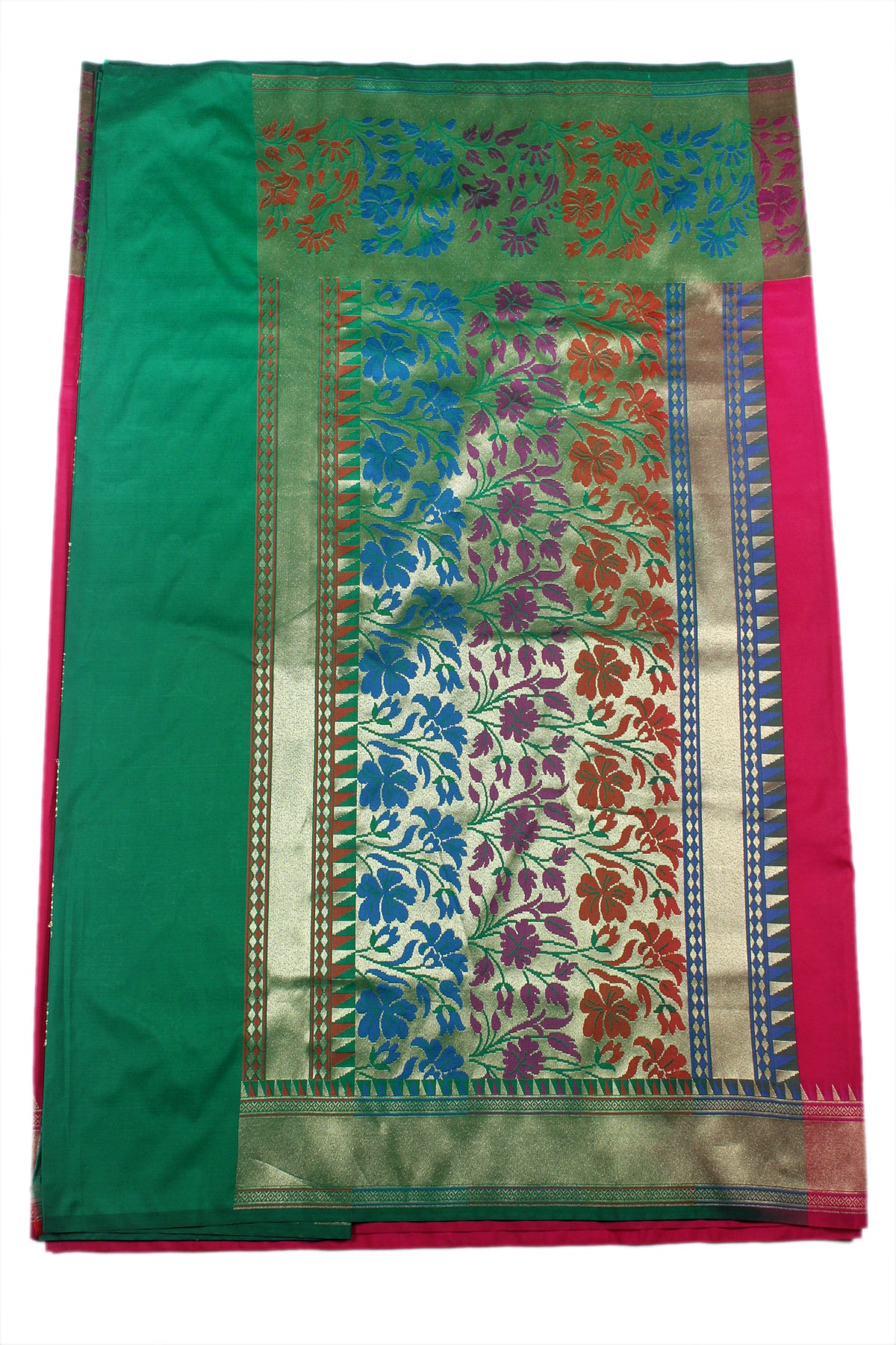 Silakaari Women's Bright Pink-Green Pure Silk Zari Banarasi Saree