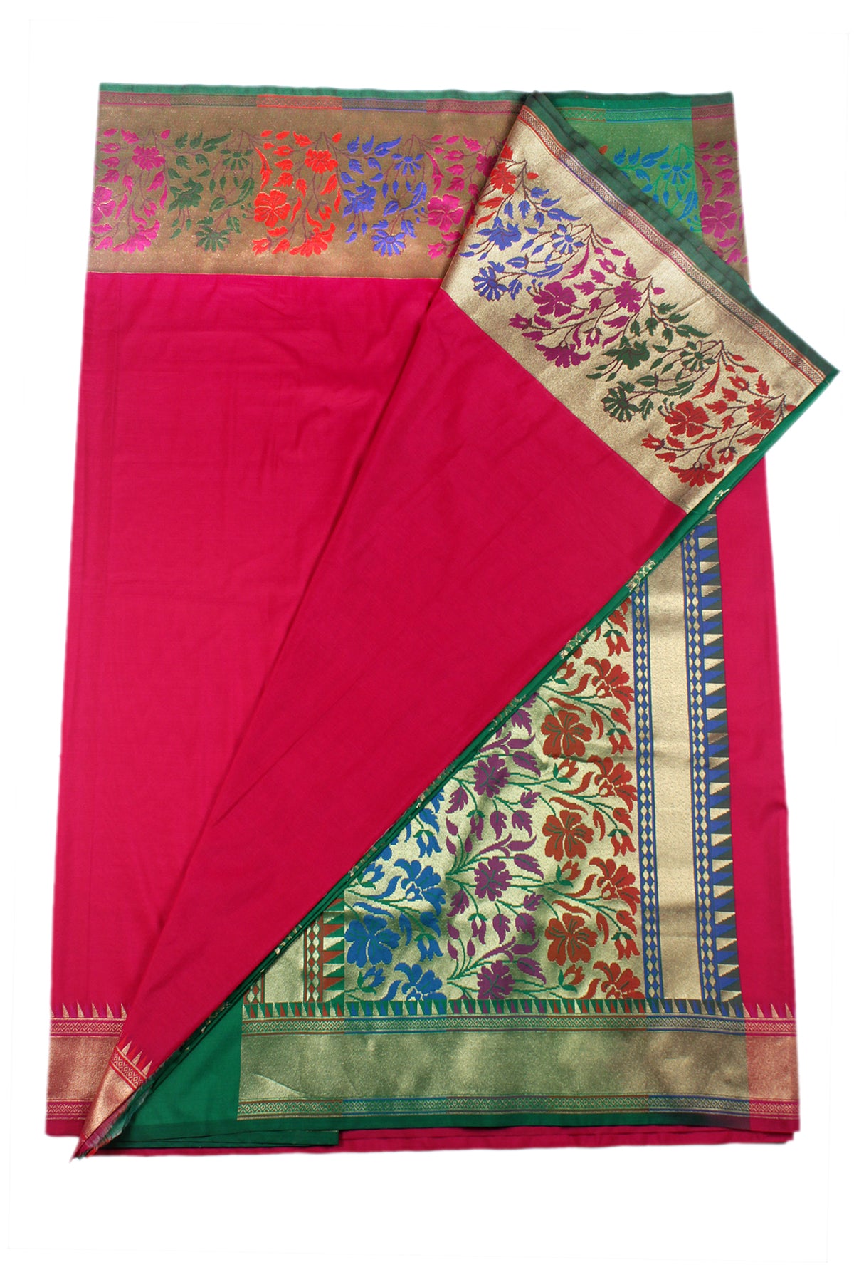 Silakaari Women's Bright Pink-Green Pure Silk Zari Banarasi Saree