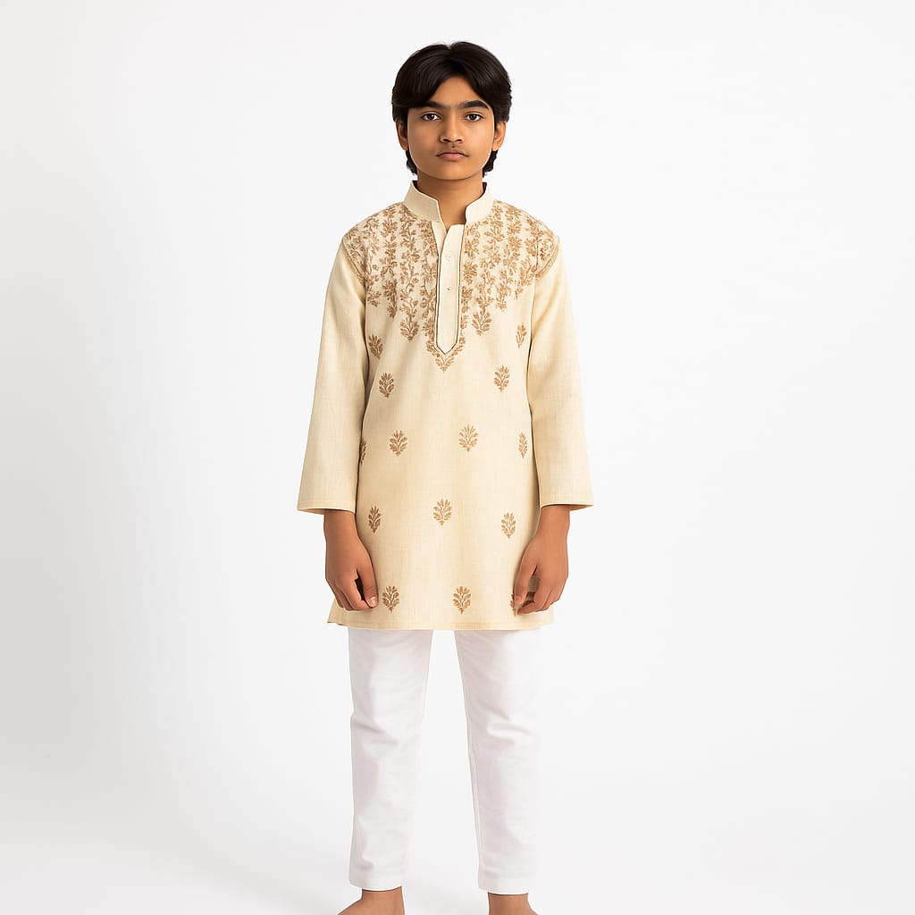 Silakaari Aayan Beige-Brown Pure Lucknowi Chikankari Kurta Pyjama Set For Boys