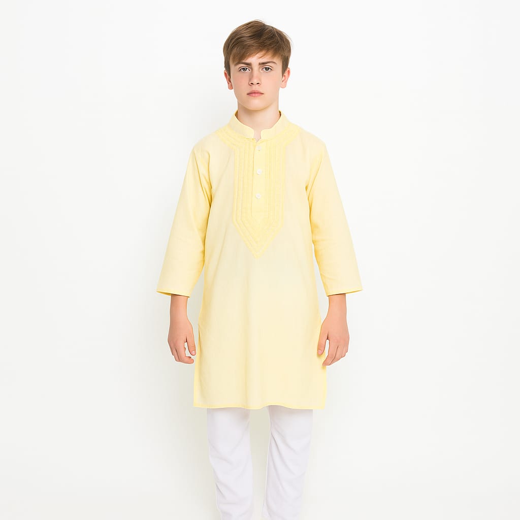 Silakaari Adwik Beige-White Pure Lucknowi Chikankari Kurta Pyjama Set For Boys