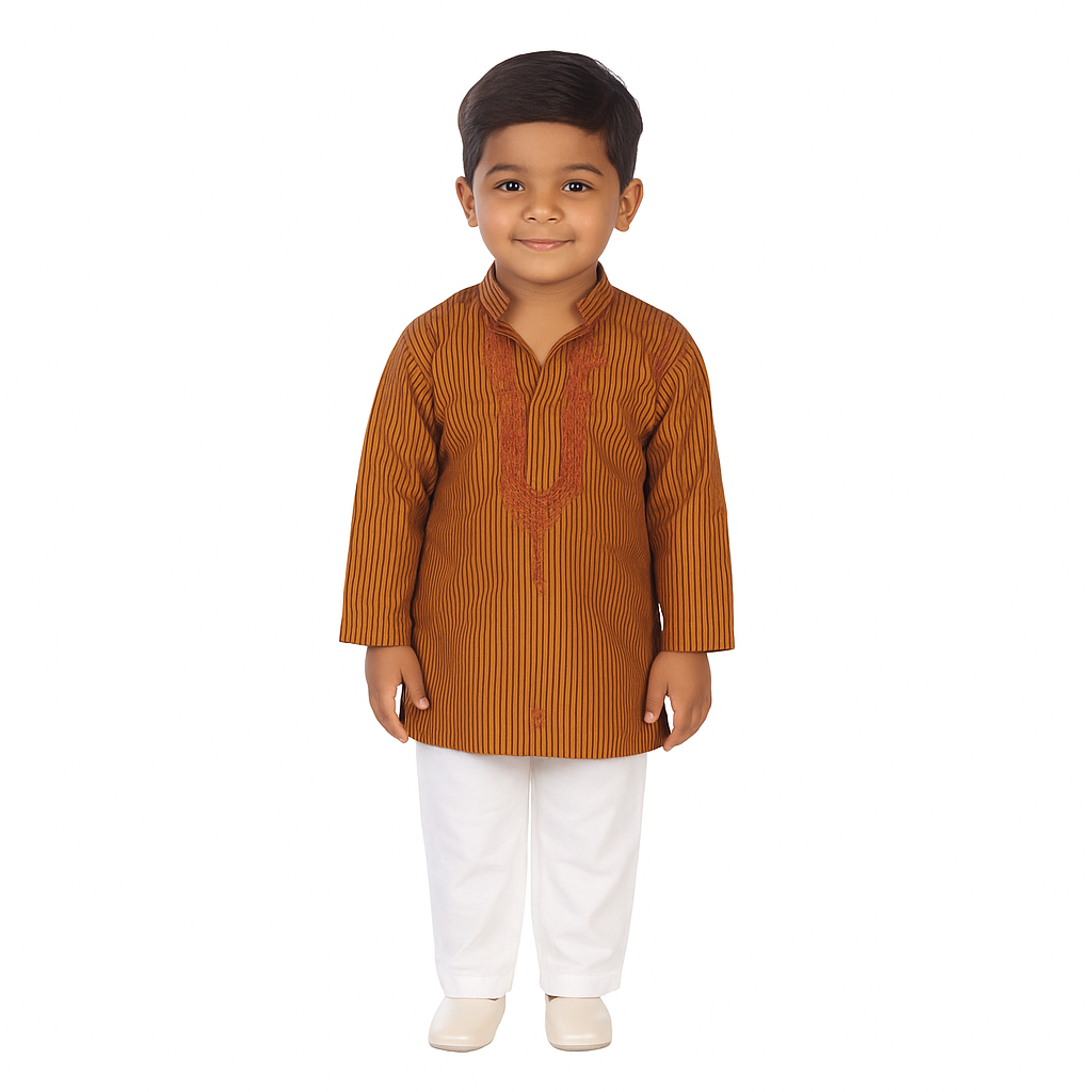 Silakaari Shaurya Brown-Black Pure Lucknowi Chikankari Kurta Pyjama Set For Boys