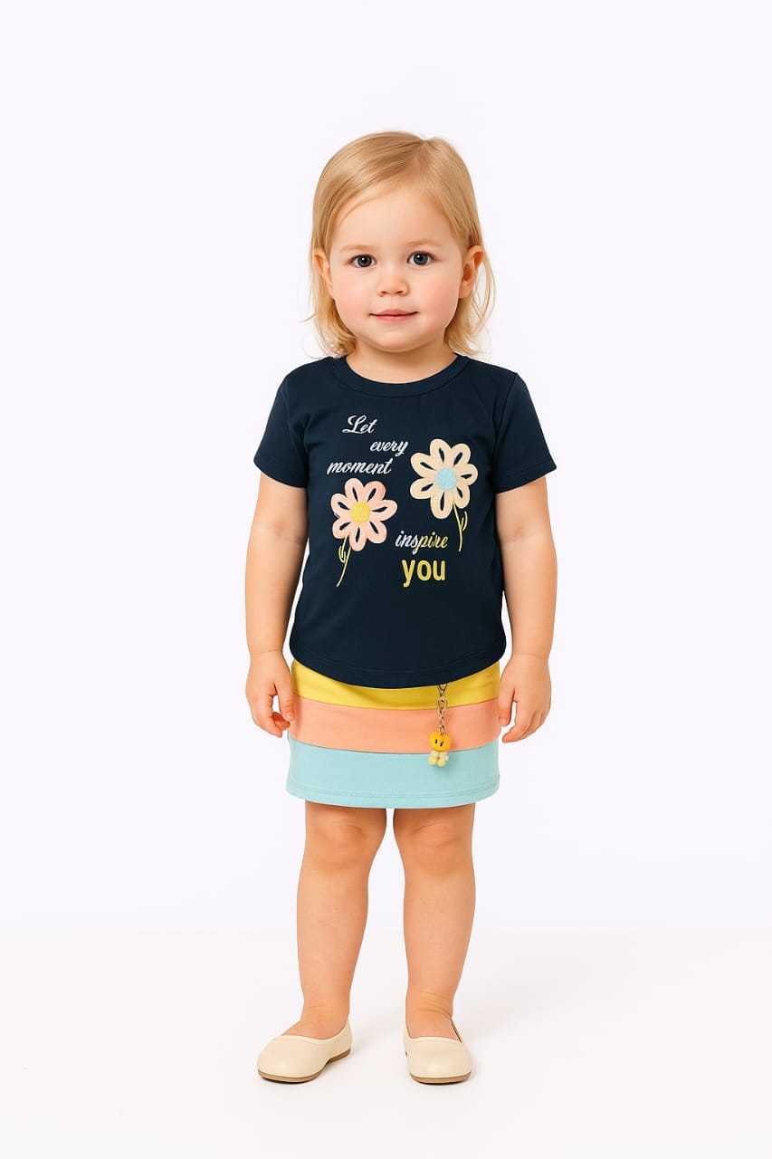 Silakaari Be Happy Black Floral T-Shirt With Multi Color Skirt Set For Girls