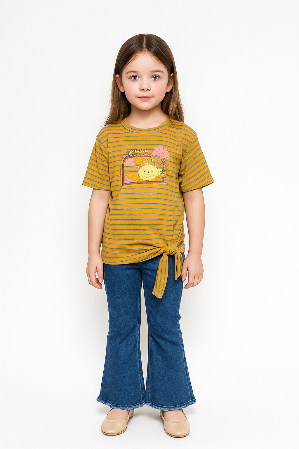 Silakaari Lara Mustard Striped T-Shirt With Bear Printed Denim Jeans Set For Girls