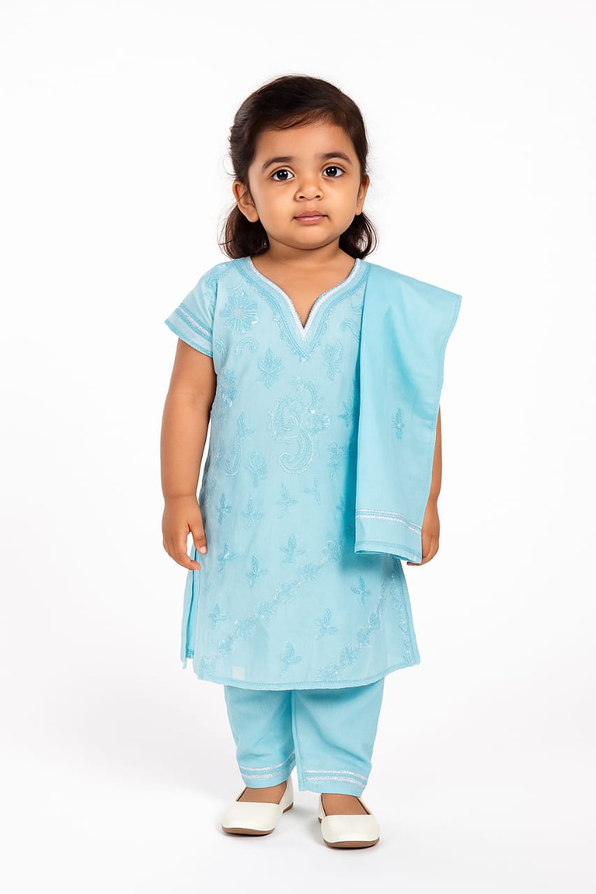 Silakaari Shifa Blue-White Pure Cotton Lucknowi ChikanKari Kurti Pant With Dupatta Set For Girls