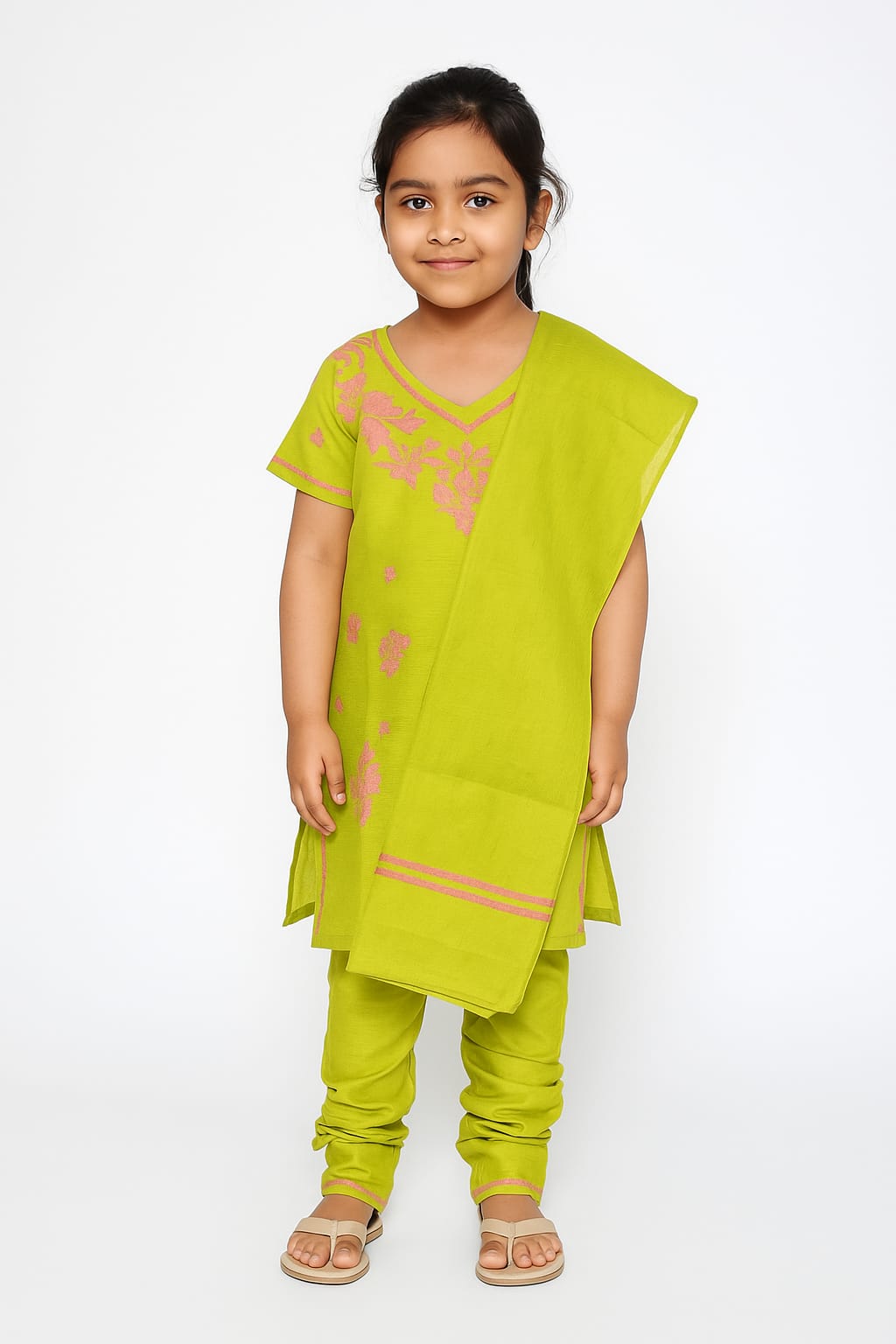 Silakaari Zubaan Mehendi Green-Pink Pure Cotton Lucknowi ChikanKari Kurti Pant With Dupatta Set For Girls